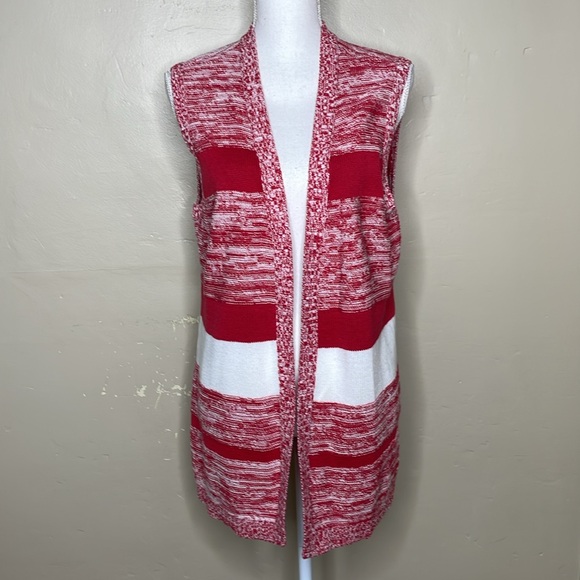 CHRISTOPHER & BANKS Long Open front Red & White Sweater Vest NWT Large - Picture 1 of 6